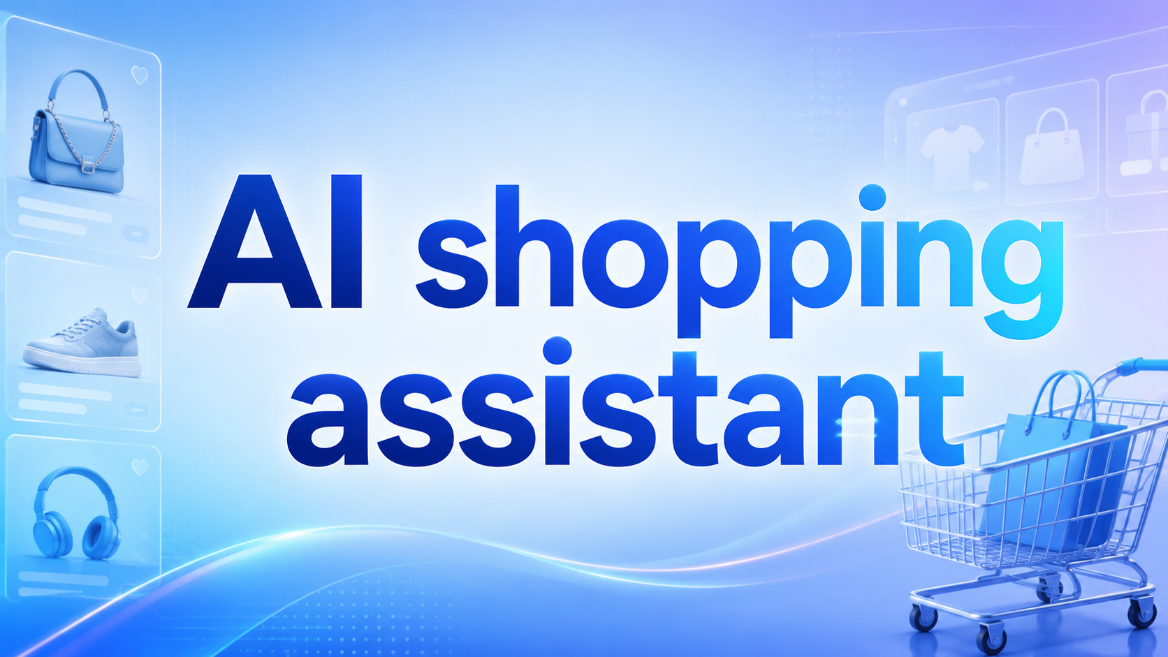 AI shopping assistant featured image with shopping cart, product icons, and bold blue text.